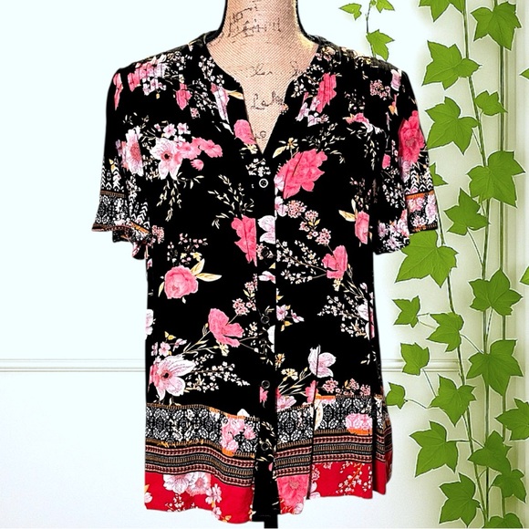 Knox Rose Tops - Knox Rose Floral Black Pink Buttoned Blouse Size L